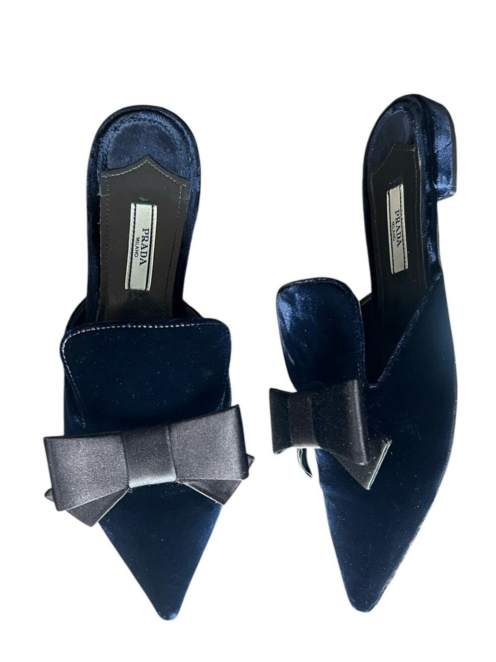 Prada Women’s Vintage Blue Velvet Silver Bow Pointed Toe Slides Flats Size 37